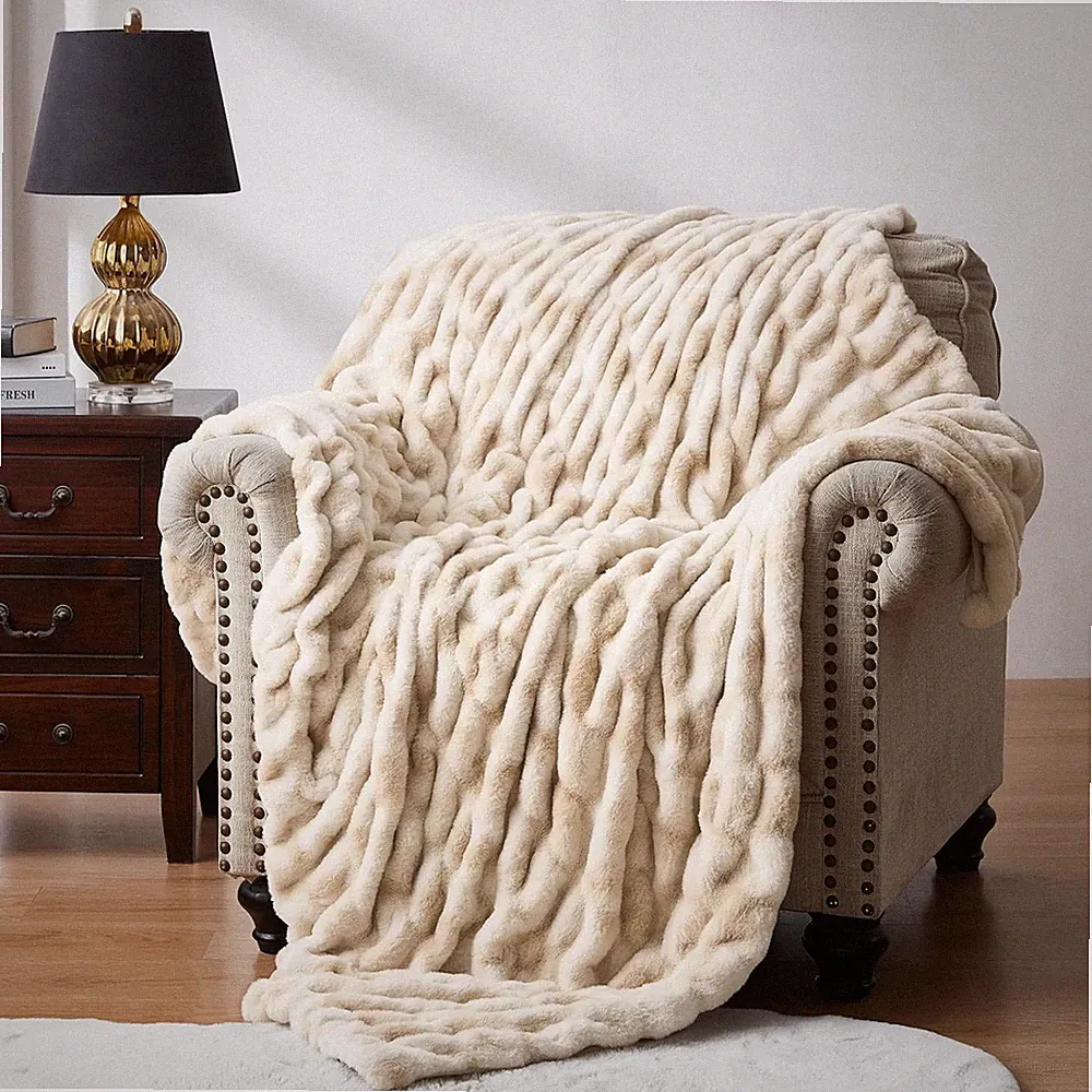 Ruched Faux Fur Throw Blanket Soft Cozy Fluffy Luxurious Blankets Couch Bed Sofa