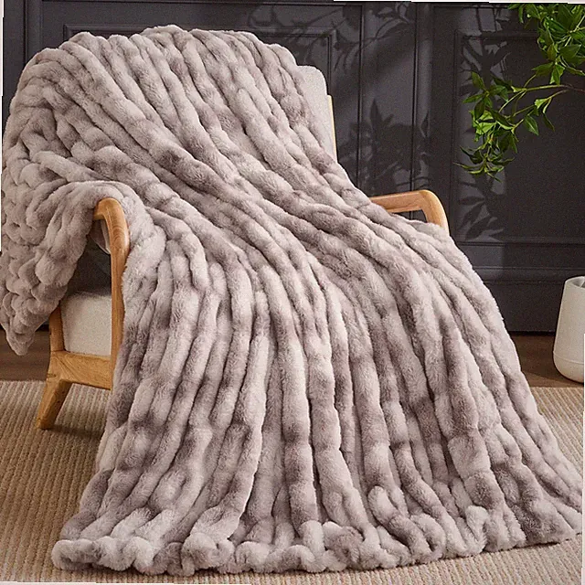 Ruched Faux Fur Throw Blanket, Soft Plush Fluffy Blanket, Warm Thick Cozy Bla...