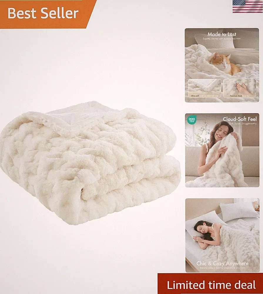 Ruched Fur Luxury Throw Soft Cozy Brushed Long Faux Fur For Bed, Couch or So...