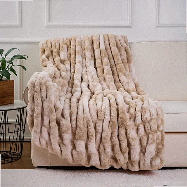 Ruched Luxury Faux Fur Throw Blanket Beige Tie-dye Rabbit Fur Blanket for Cou...