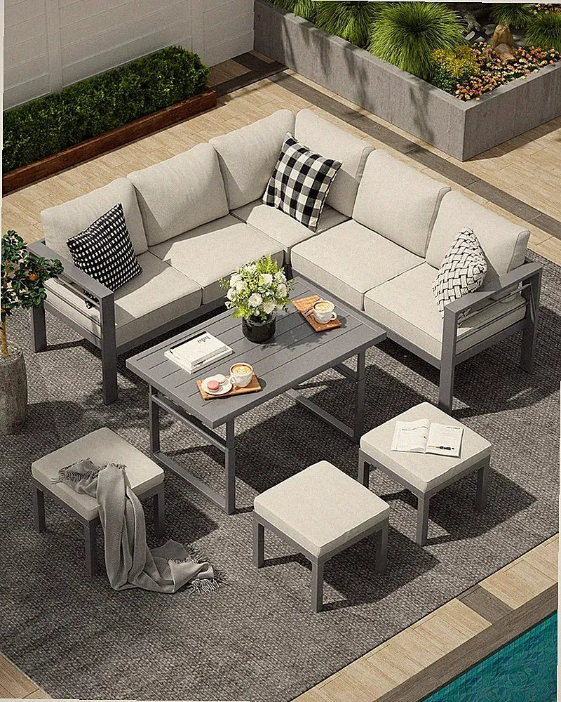 Rust-Resistant Aluminum Sectional, 8-Seat Patio Set, Adjustable Coffee Table