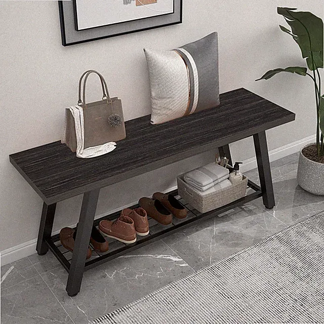 Rustic Industrial Entryway Bench with Storage - Charcoal Black