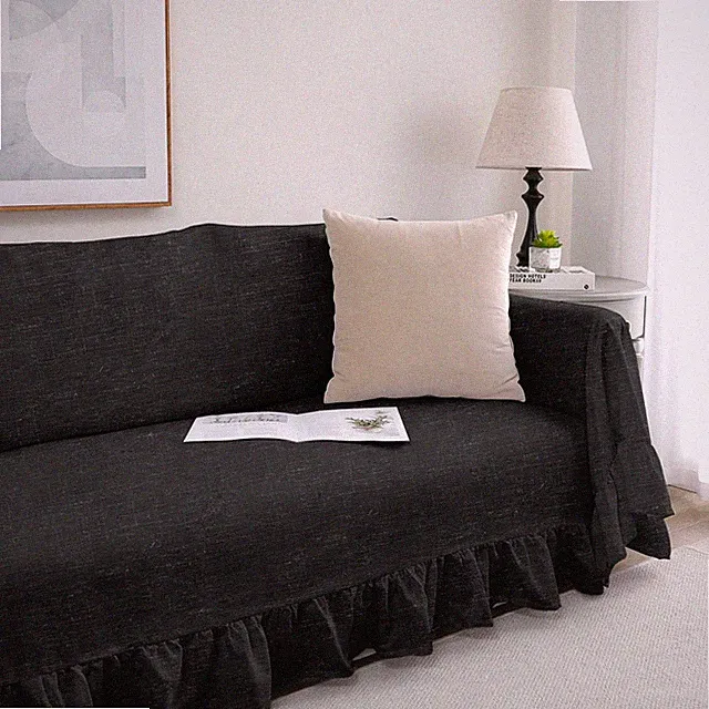 Rustic Linen Sofa Cover with Tie Strings, Full Couch Protector Slipcover Ruffled