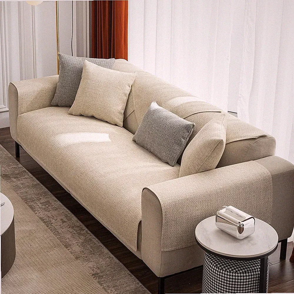 Rustic Linen Textured Couch Sofa Cover Solid Color Non Slip Sectional Couch C...