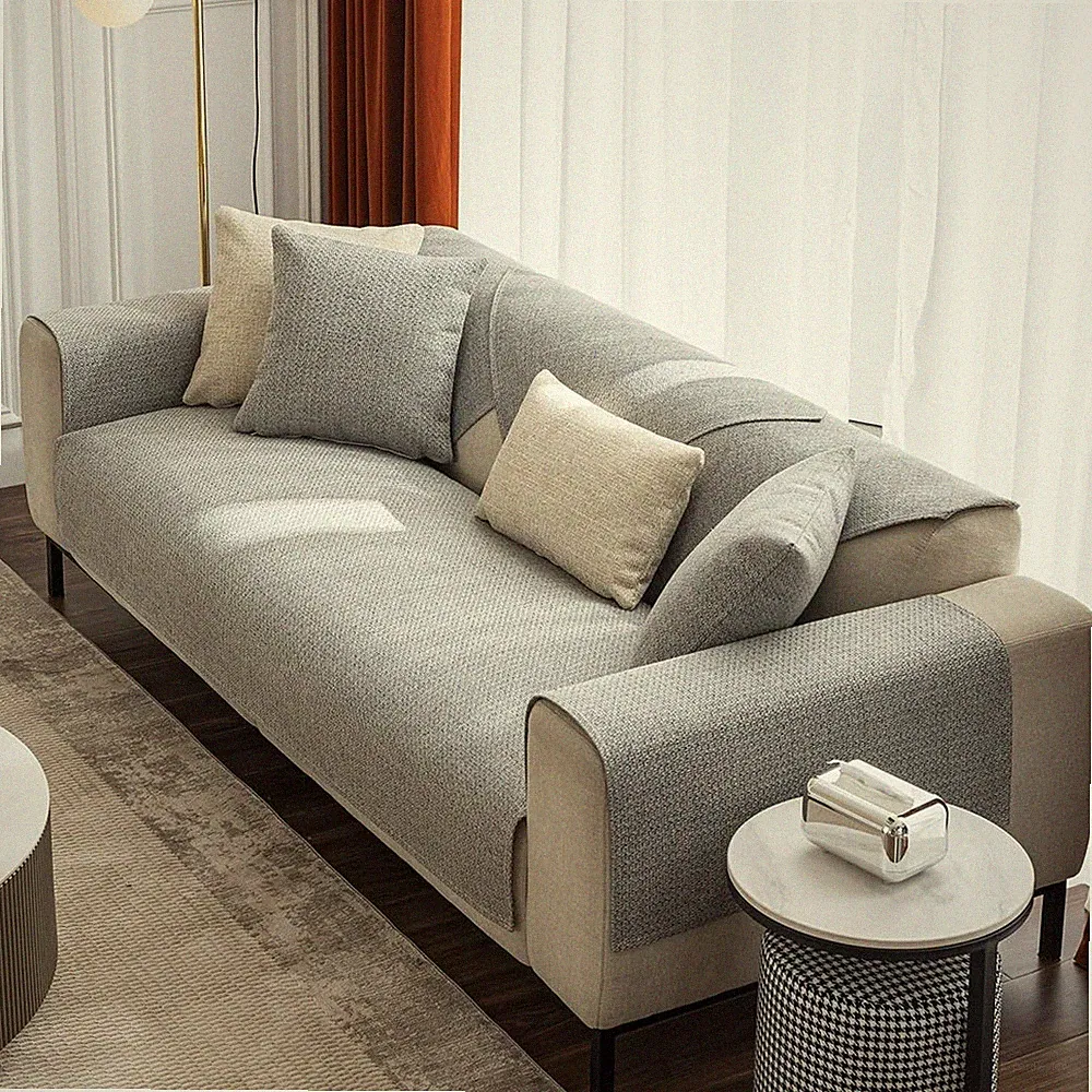 Rustic Linen Textured Couch Sofa Cover Solid Color Non Slip Sectional Couch C...