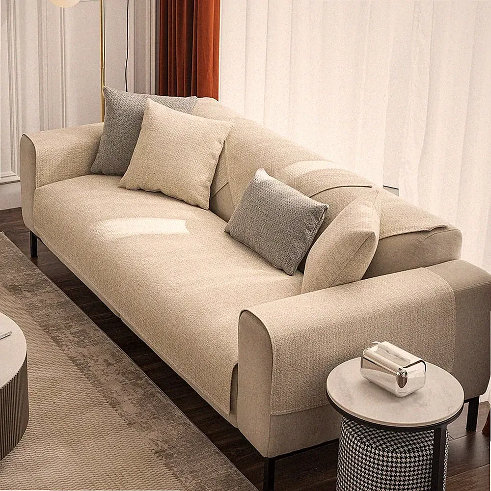 Rustic Linen Textured Couch Sofa Cover Solid Color Non Slip Sectional Couch C...