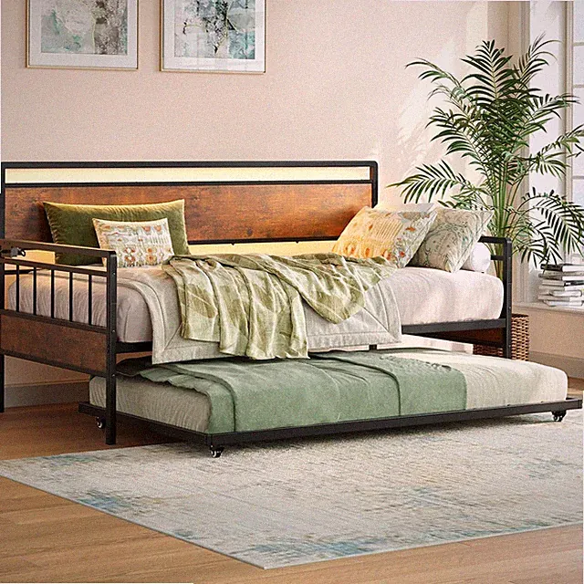 Rustic Twin Daybed with Trundle, LED Light & Charging Station for Space-Saving