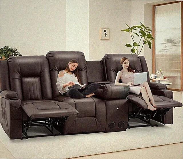 RV Loveseat Recliner Sofa 87.6in Wide Faux Leather Brown Console 4 Cup Holders