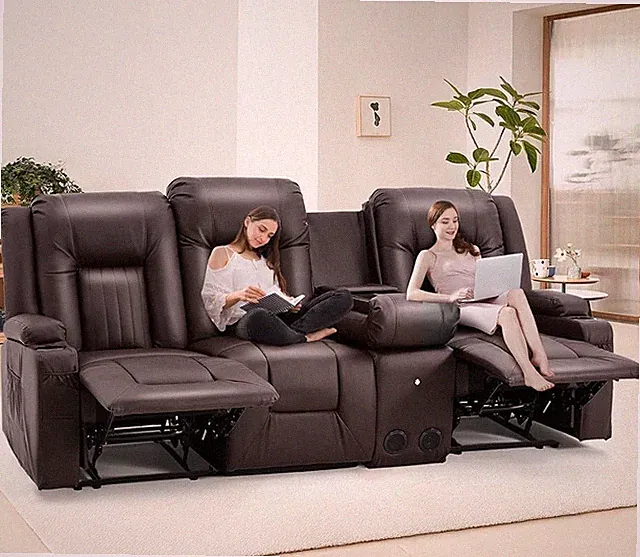 RV Loveseat Recliner Sofa 87.6in Wide Faux Leather Brown Console 4 Cup Holders