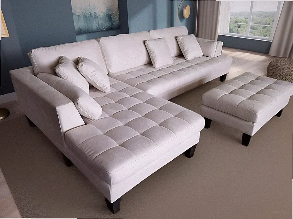 S168LW 3 pcs L Shaped Cream White Modern Microfiber Fabric Sectional Sofa Set