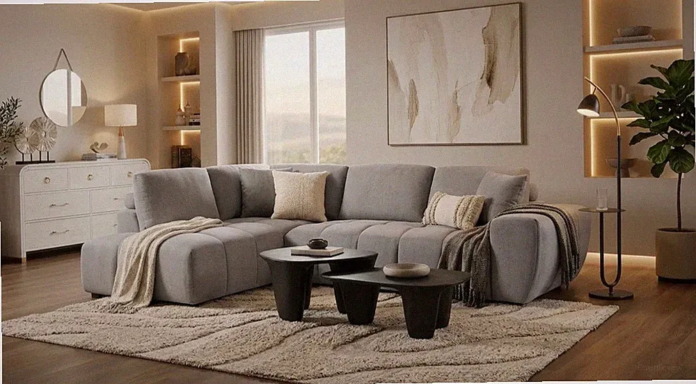 S863 Uptown Modern 2-Piece Sectional Sofa L-Shaped Fabric Couch Cream Gray Black