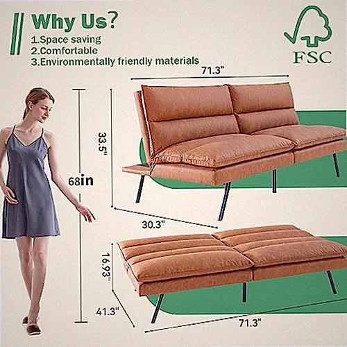 SADDLE BROWN - VYFIPT FUTON SOFA BED/COUCH,3” MEMORY FOAM SMALL SPLITBACK