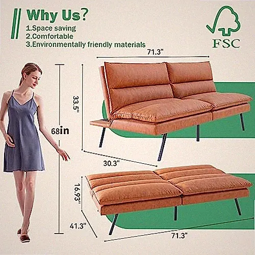 SADDLE BROWN - VYFIPT FUTON SOFA BED/COUCH,3” MEMORY FOAM SMALL SPLITBACK