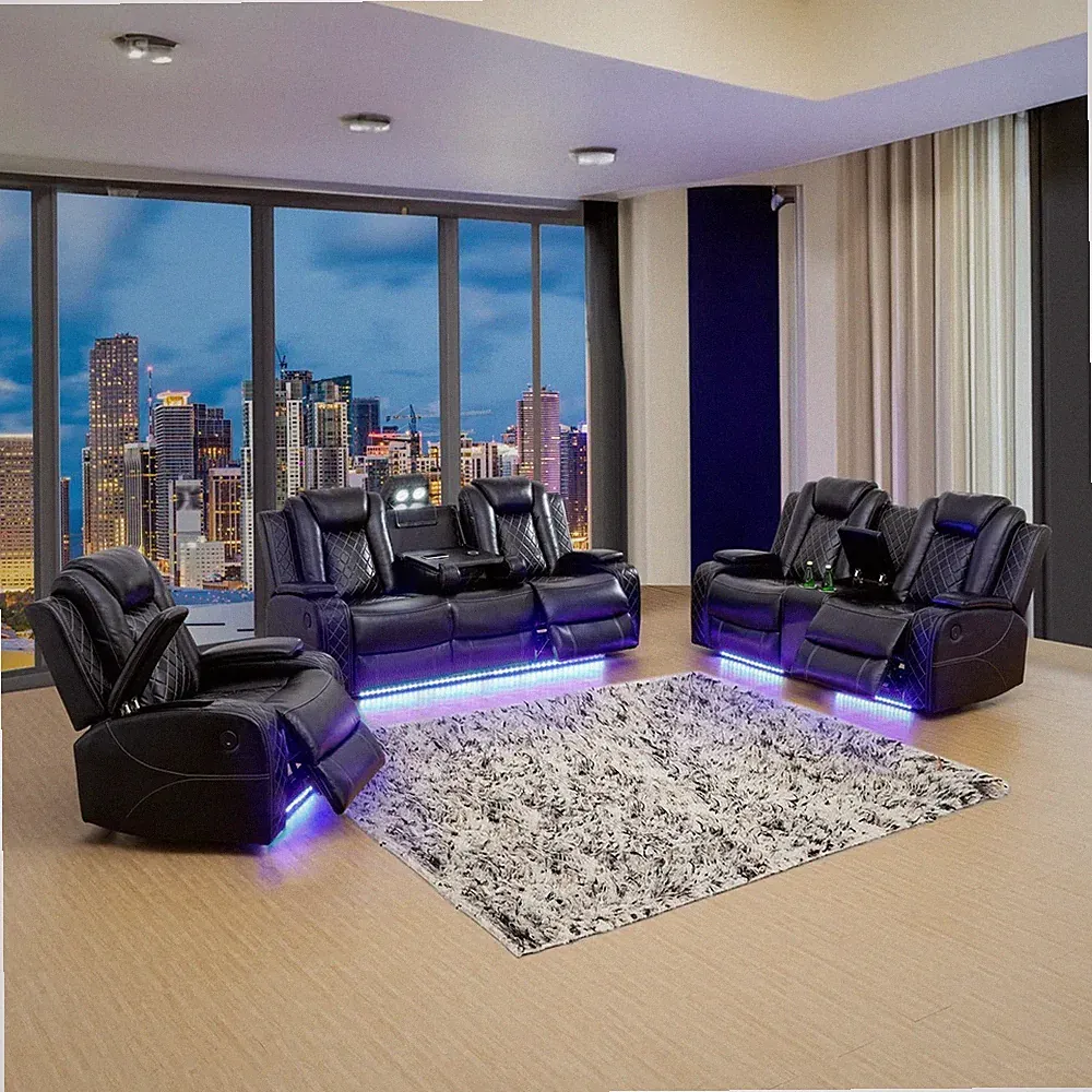 SALE LED 3PC Power Recliner Set Black Living Room Set w/ Wireless Charge