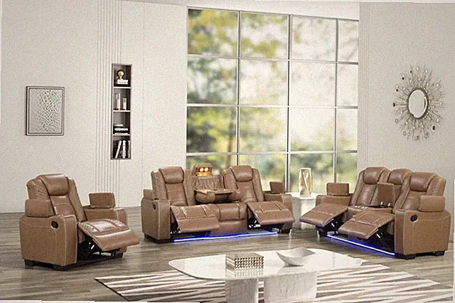 SALE LED 3PC Sofa Recliner Set Saddle Brown Bluetooth Speaker & Wireless Charge