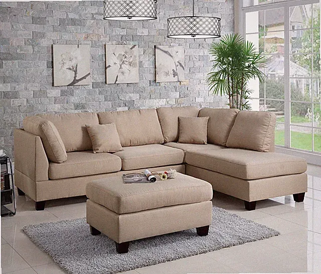 Sand Color 3pcs Sectional Living Room Furniture Reversible Chaise Sofa And Ott
