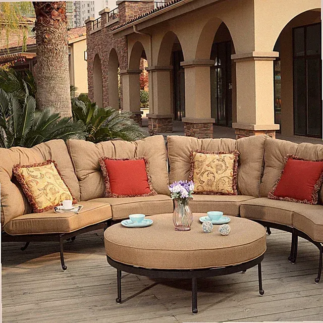 Santa Anita 6 Pc Cast Aluminum Sectional Seating Set Round Ottoman in Antique