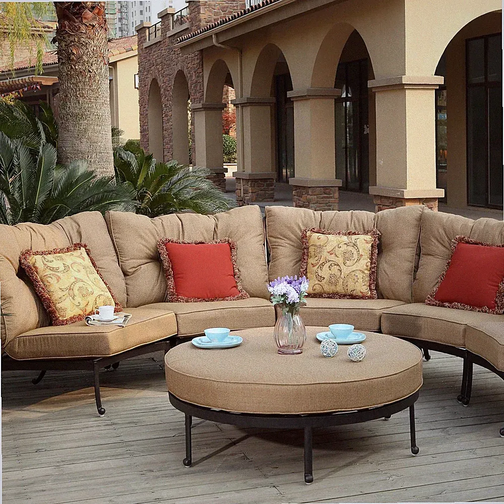 Santa Anita 6 Pc Cast Aluminum Sectional Seating Set Round Ottoman in Antique