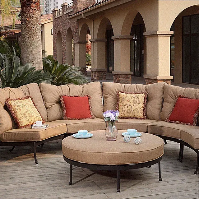 Santa Anita 6 Pc Cast Aluminum Sectional Seating Set Round Ottoman in Antique