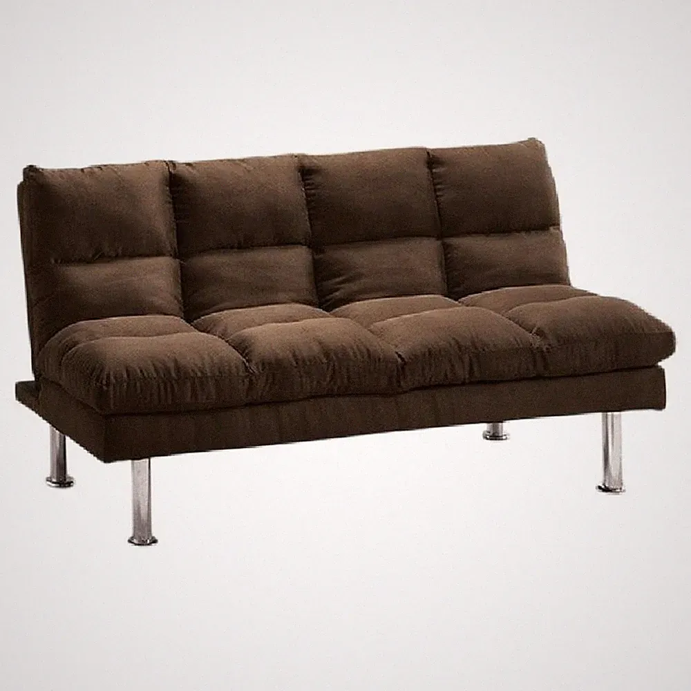 Sar Fold Out Futon Sofa Bed- Tufted Dark Brown Microfiber- Chrome Legs
