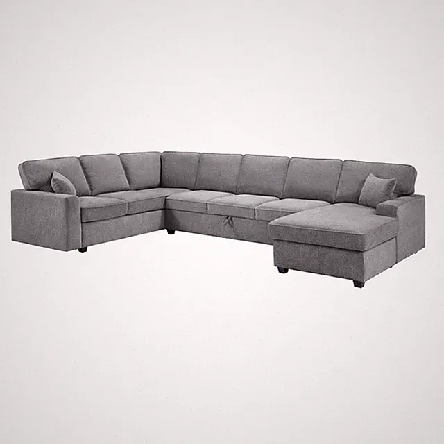 Sary 137 inch Sectional Sofa w Chaise- 2 Throw Pillows- Gray Chenille