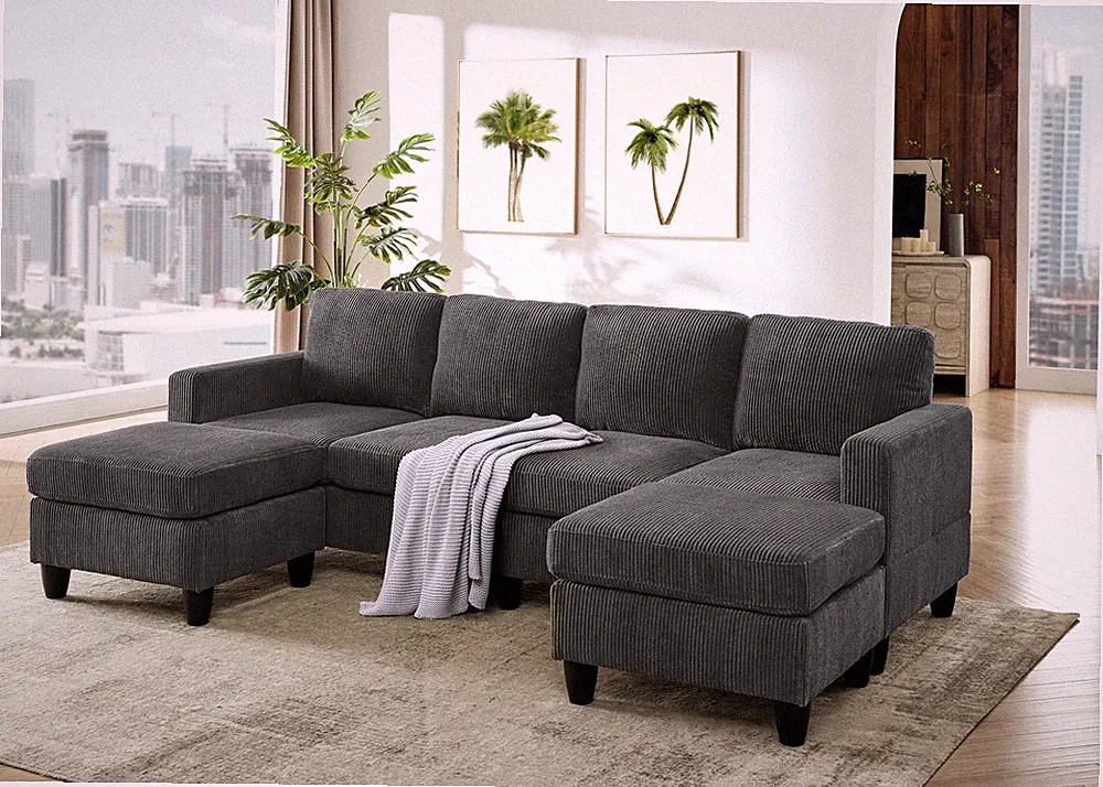 Savannah Modular Corduroy Sectional Sofa with Ottoman Gray