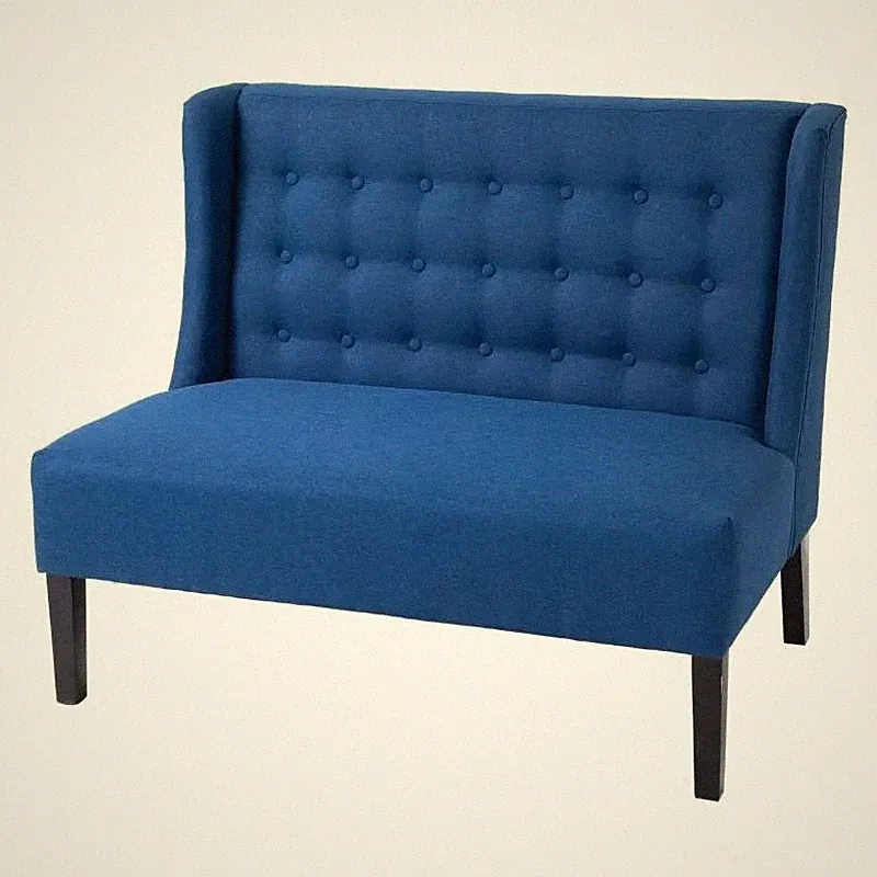 Scandinavian 2 Seater Button Tufted Loveseat Wooden Legs Blue Linen