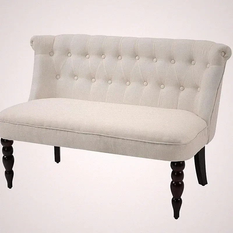 Scandinavian 2 Seater Button Tufted Loveseat Wooden Legs Cream White Linen