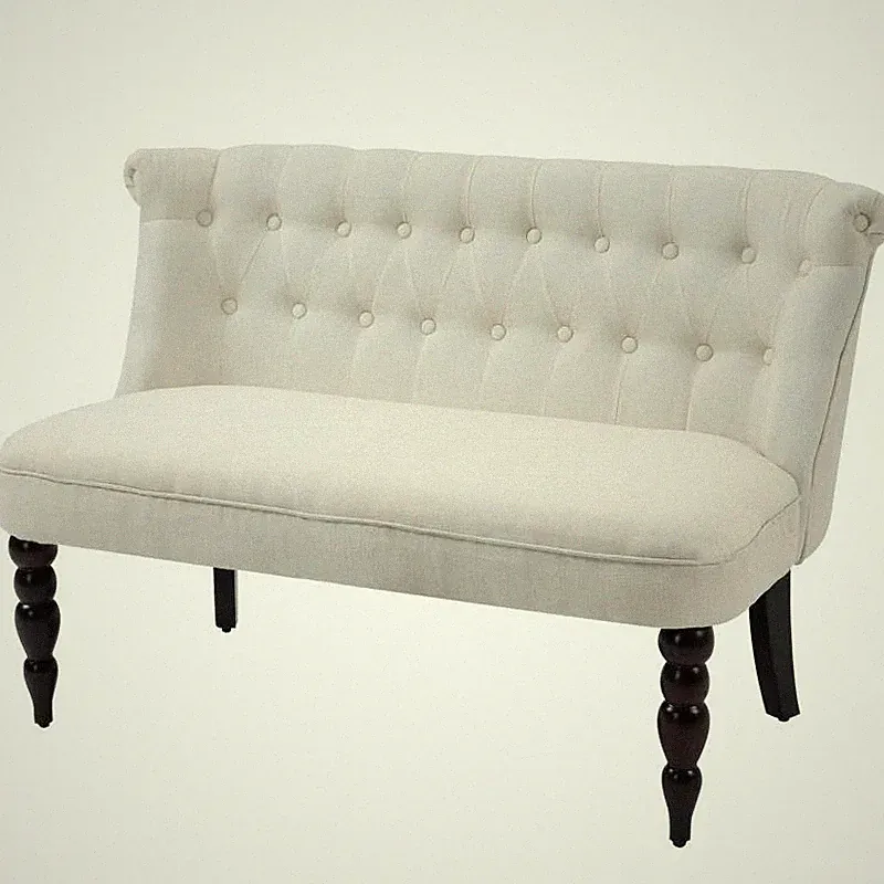 Scandinavian 2 Seater Button Tufted Loveseat Wooden Legs Cream White Linen