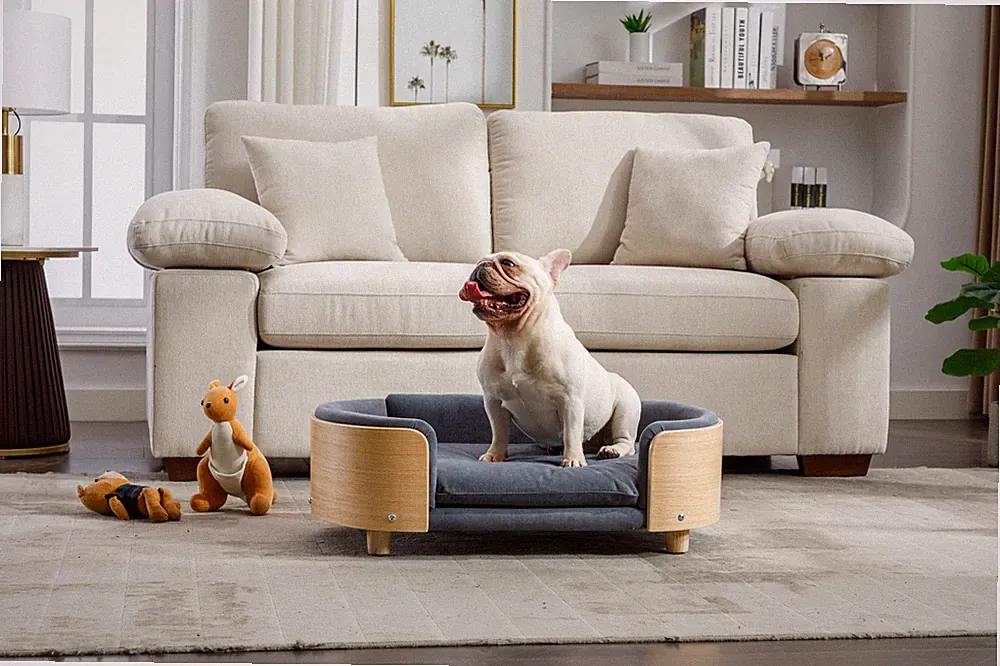 Scandinavian Dog Bed Pet Sofa Wooden Legs Velvet Cushion Dark Grey Medium