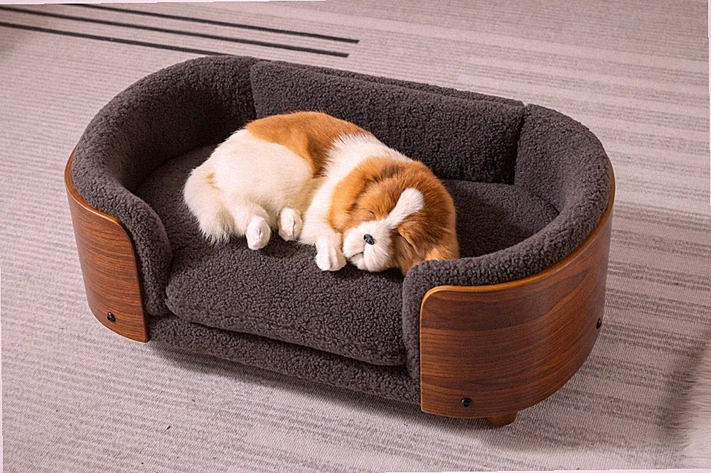 Scandinavian Dog Bed Sofa with Solid Wood Legs & Walnut Back - Fits Medium Dogs