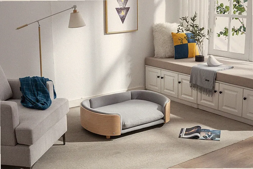 Scandinavian Dog Bed Sofa with Wood Legs & Velvet Cushion Fits Most Breeds
