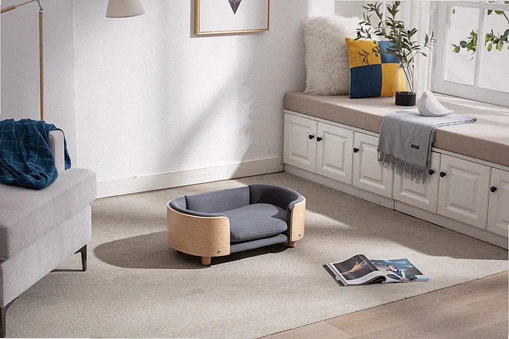 Scandinavian Elevated Dog Bed Sofa with Wood Legs & Velvet Cushion