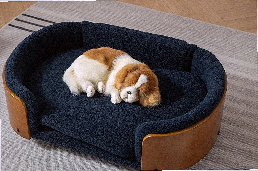 Scandinavian Elevated Dog Bed Sofa with Wood Legs & Walnut Back, Cashmere