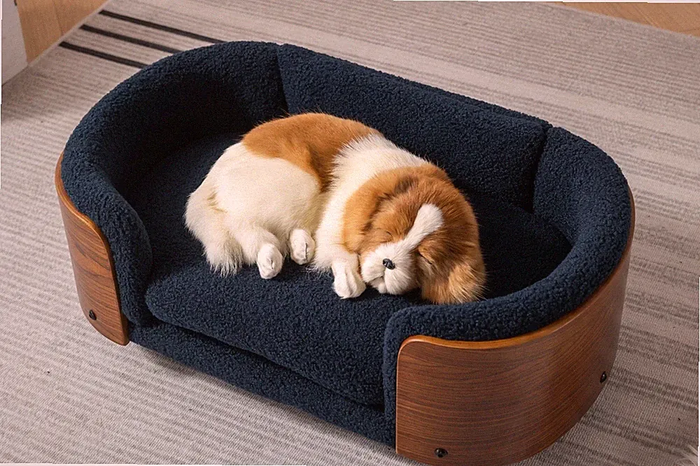 Scandinavian Elevated Dog Bed Sofa with Wood Legs & Walnut Back, Cashmere Finish