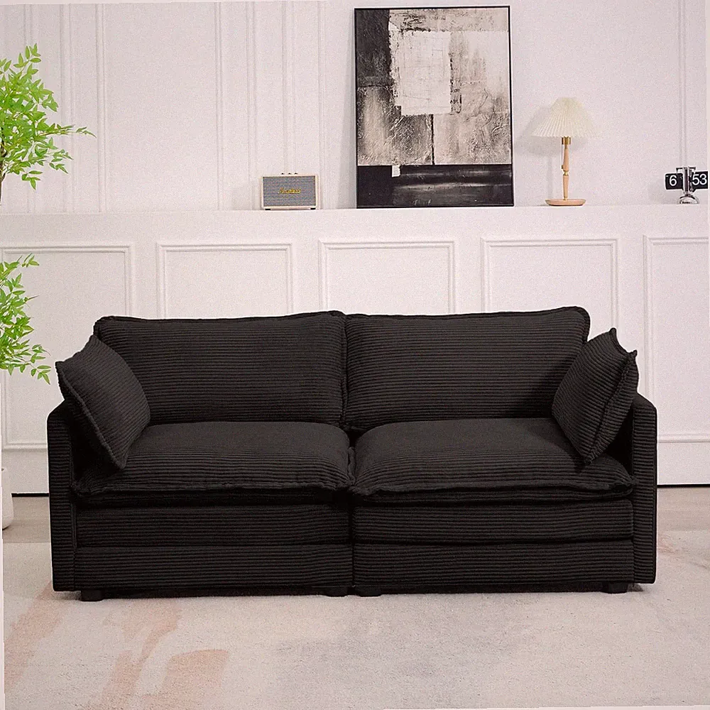 Sectional 2-Seat Cloud Corduroy Convertible Sleeper Loveseat Sofa Black