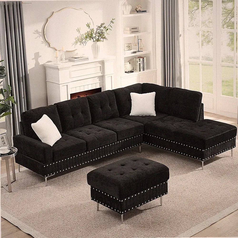Sectional 3-Seaters Sofa w/Chaise,Storage Ottoman,Metal Legs and Copper Nails,Tw