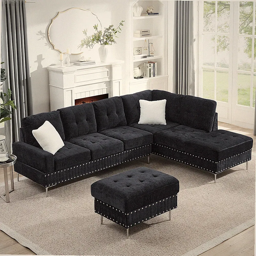 Sectional 3-Seaters Sofa with Chaise, Storage Ottoman, Metal Legs and Copper N