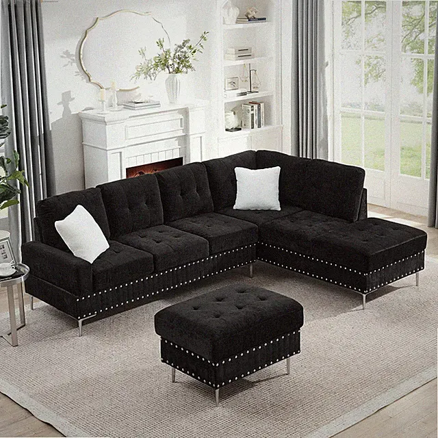 Sectional 3-Seaters Sofa with Chaise, Storage Ottoman, Metal Legs and Copper Na