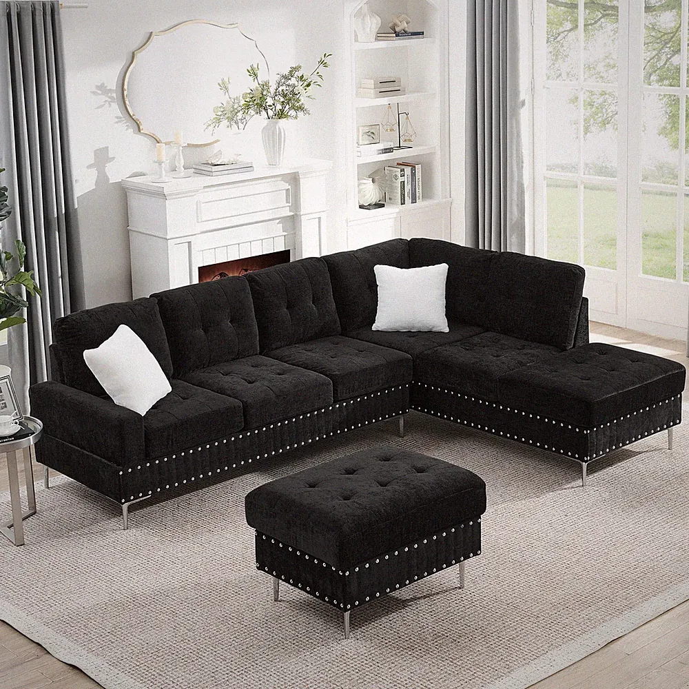 Sectional 3-Seaters Sofa with Chaise, Storage Ottoman, Metal Legs and Copper Na