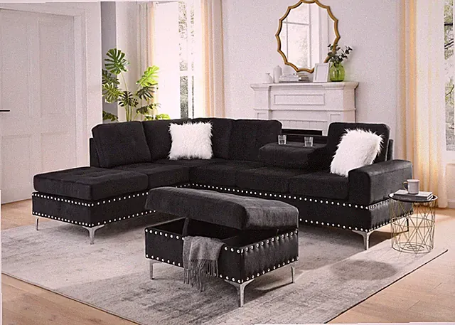Sectional 3-Seaters Sofa with Reversible Chaise, Storage Ottoman and Cup Holde
