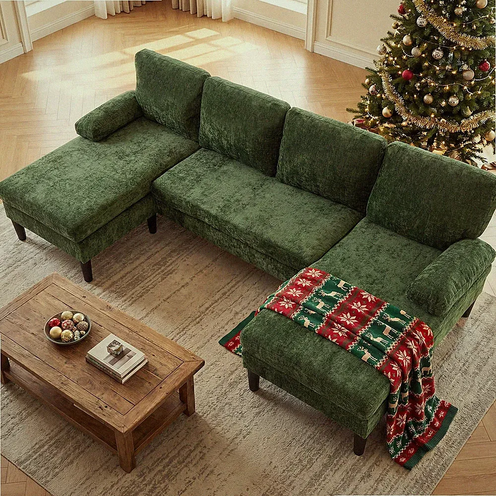 Sectional, Chenille Upholstered Sofa Couch w/Double Chaise for Home Office