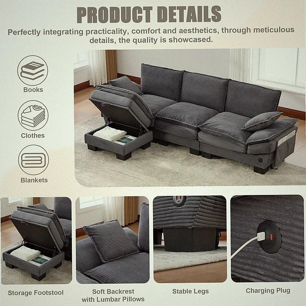 Sectional Cloud Modular Sofa,Deep Seat Sofa,Corduroy Sofa,Comfy Upholstered