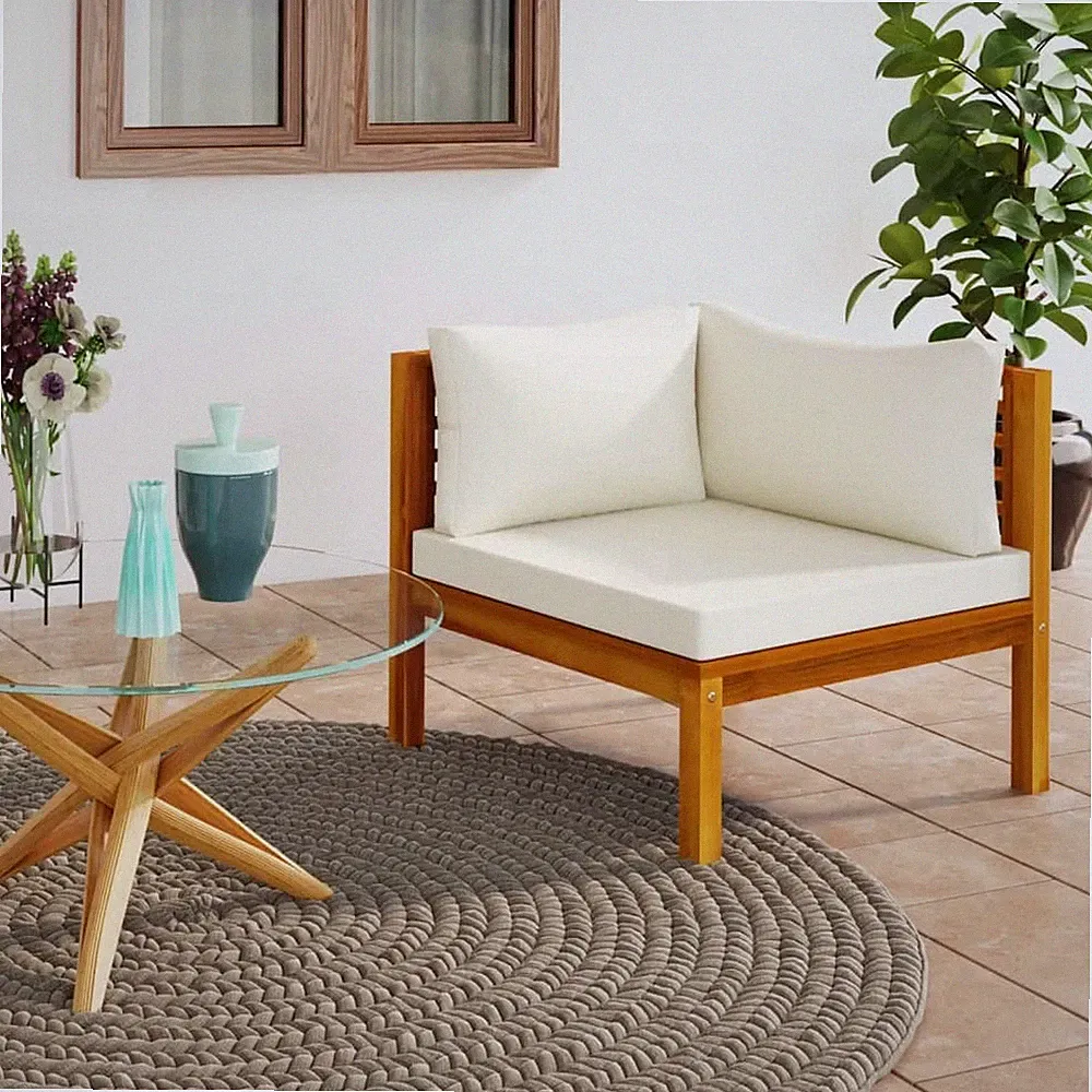 Sectional Corner Sofa with Cream White Cushion Acacia Wood