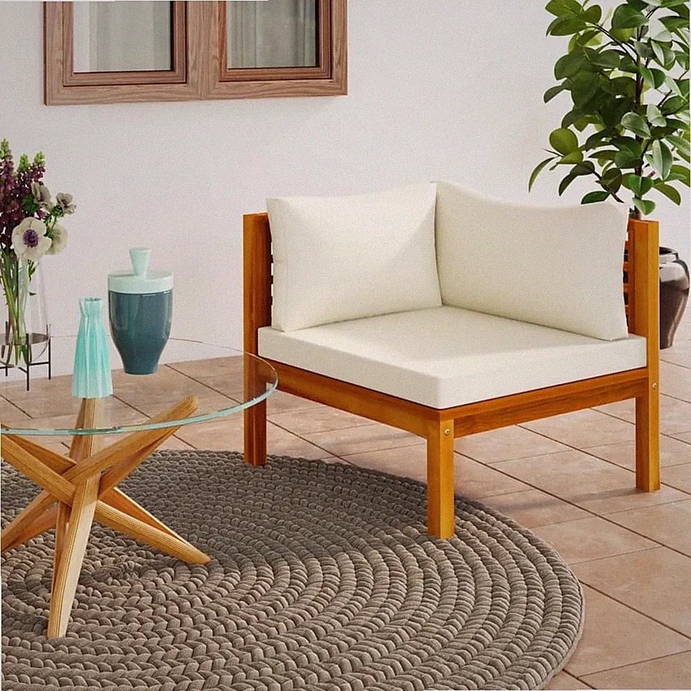 Sectional Corner Sofa with Cream White Cushion Acacia Wood