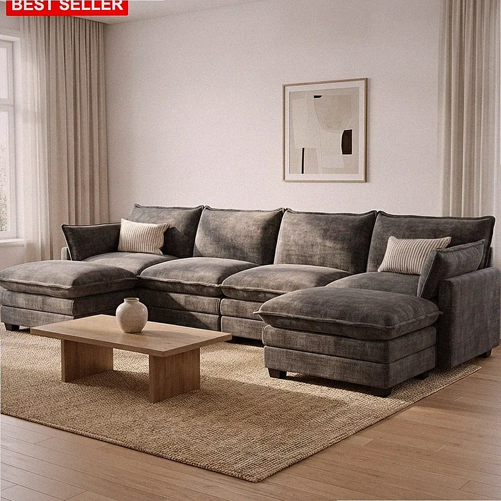 Sectional Couch 116 W Dark Gray Chenille 6 Seat U Shaped Convertible