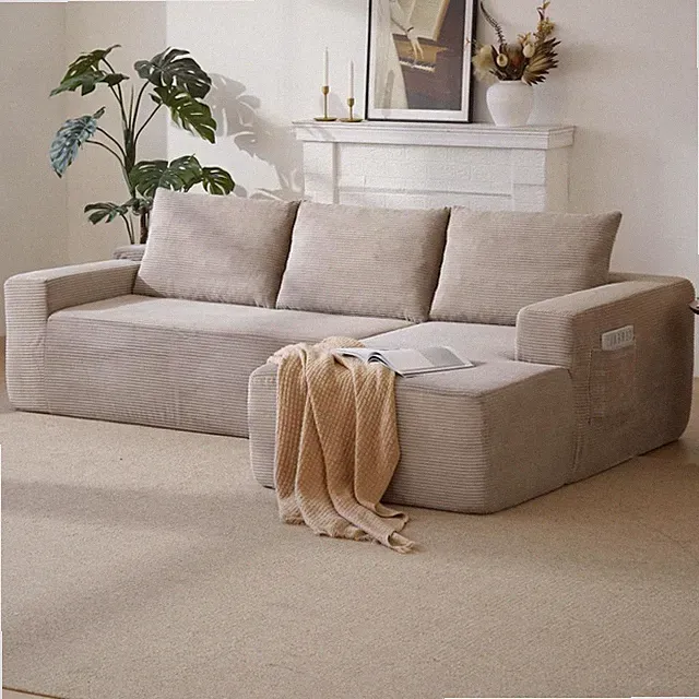 Sectional Couch 96.9in Camel Corduroy L-Shape Sofa For Living Bedroom