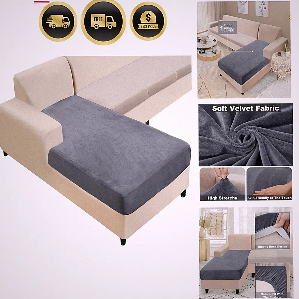 Sectional Couch Cover 1 Piece Velvet Separate Chaise Lounge Cover Soft Stretc...