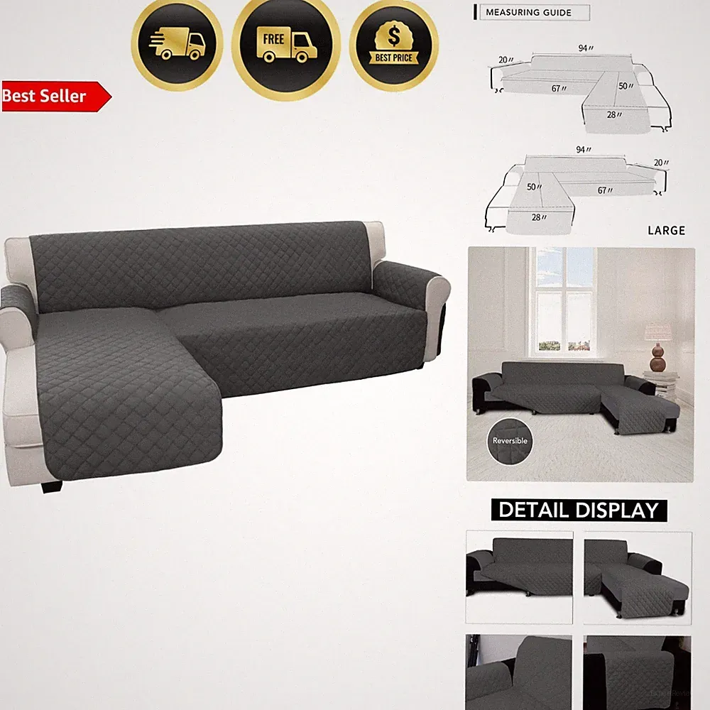 Sectional Couch Cover for Dogs Reversible L Shape Sofa Slipcover Large Gray
