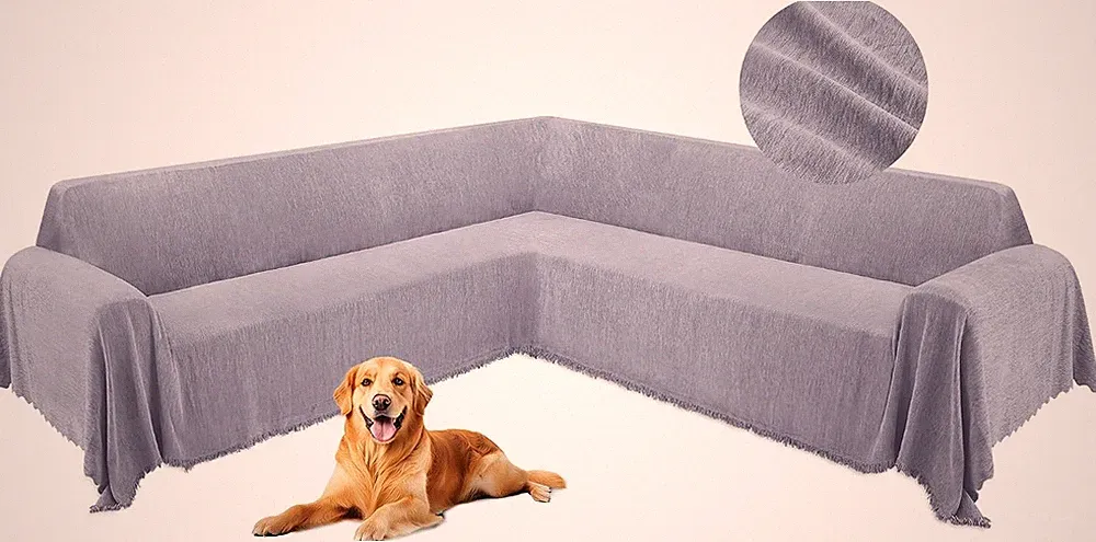 Sectional Couch Cover L Shape Sofa Cover Chenille Super Soft Silver Gray, 91x252